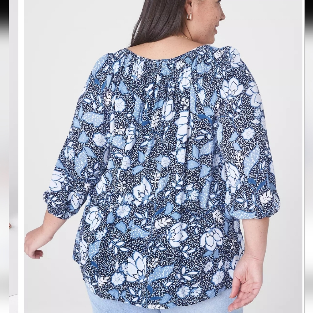 Lane Bryant Peasant Blue Floral Tie Front Flowy 3/4 Sleeve Blouse Top. Size 28